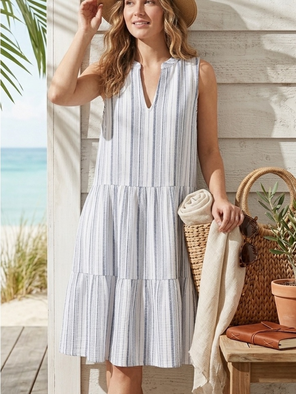 Falls Creek Striped Sleeveless Tunic in Blue and White 100% Cotton